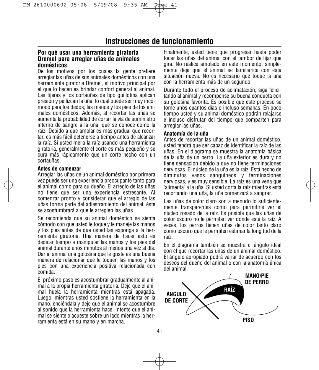 Dremel 761 manual Instrucciones de funcionamiento, Antes de comenzar, Anatomía de la uña, Ángulo DE Corte Piso 