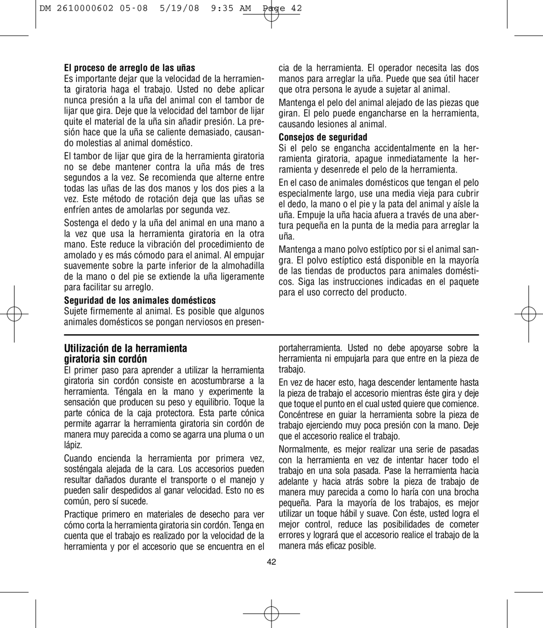 Dremel 761 manual El proceso de arreglo de las uñas, Seguridad de los animales domésticos, Consejos de seguridad 