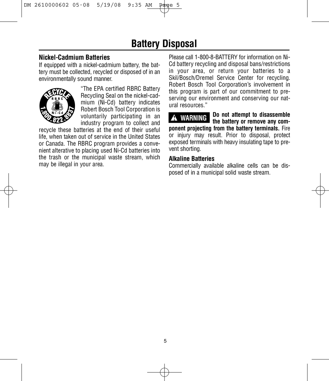 Dremel 761 manual Battery Disposal, Nickel-Cadmium Batteries, Alkaline Batteries 