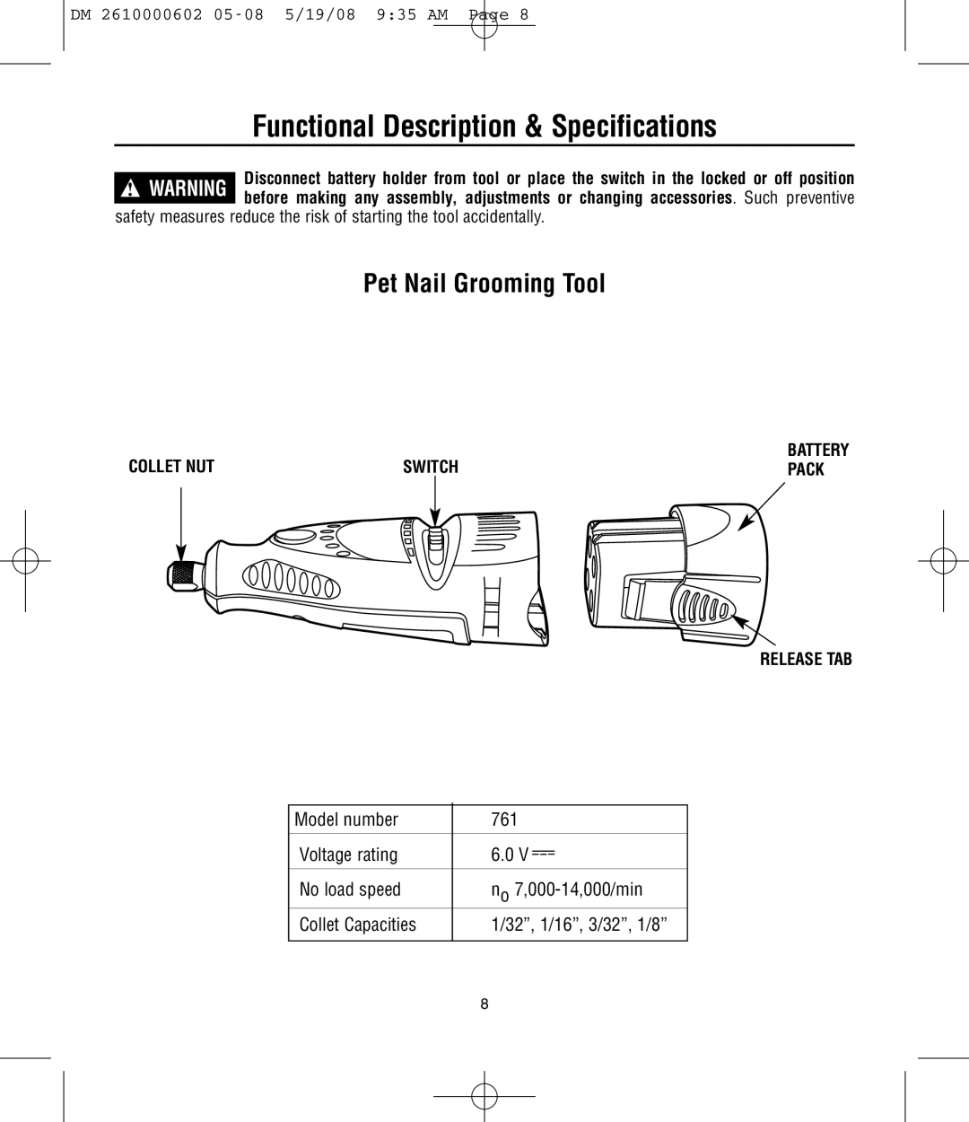 Dremel 761 manual Functional Description & Specifications, Pet Nail Grooming Tool, Collet NUT Switch, Pack, Release TAB 