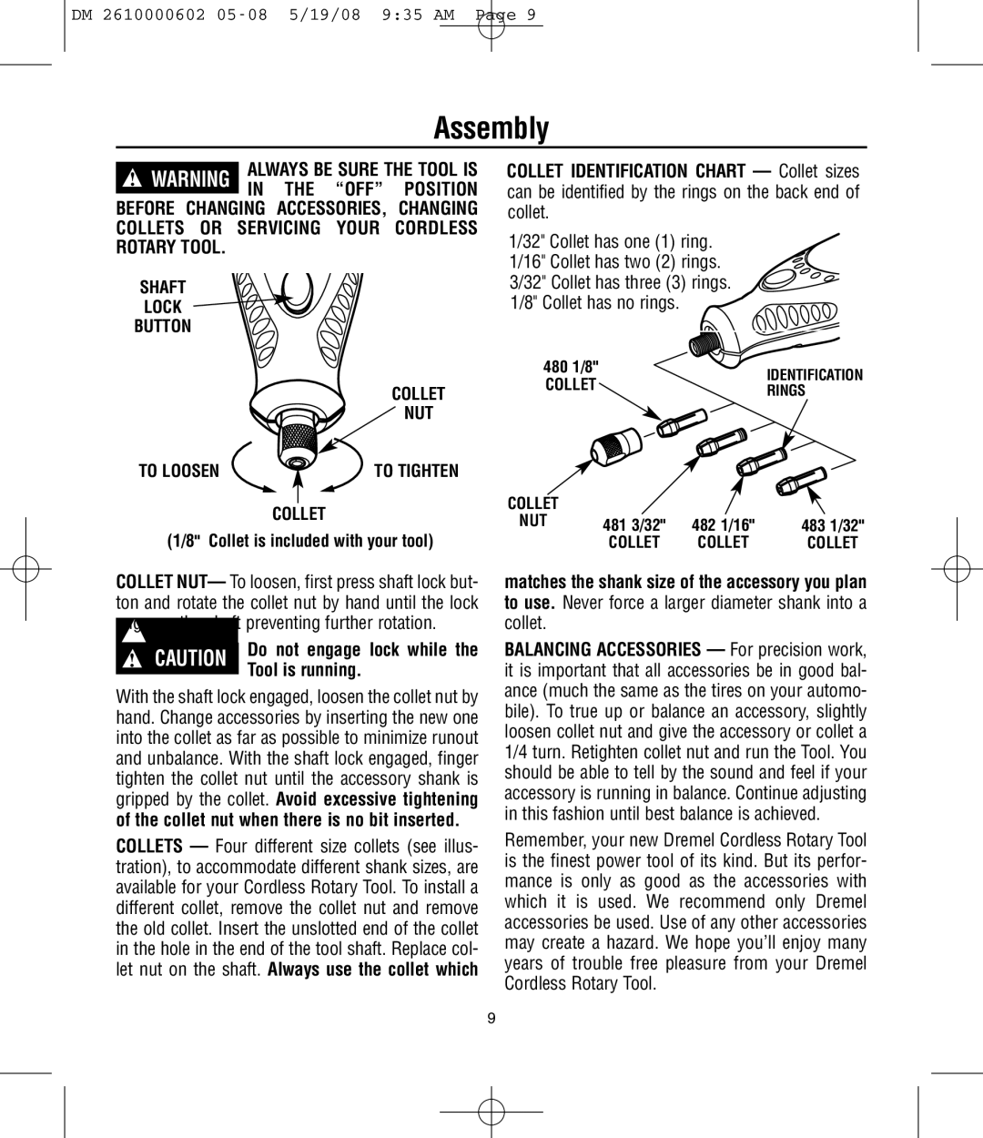 Dremel 761 manual Assembly, OFF Position Before Changing, Collets or Servicing Your Cordless, Rotary Tool 