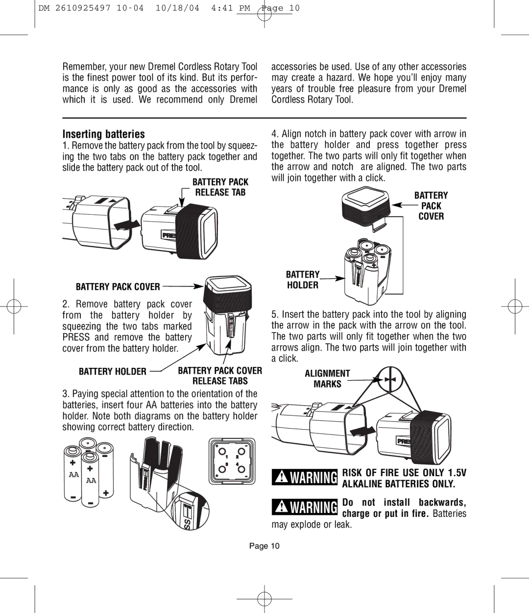 Dremel 764 Inserting batteries, Battery Pack Release TAB Battery Pack Cover, Battery Holder, Battery Pack Cover Holder 