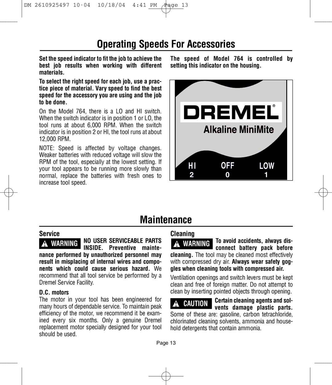 Dremel 764 owner manual Operating Speeds For Accessories, Maintenance, Cleaning, Motors 