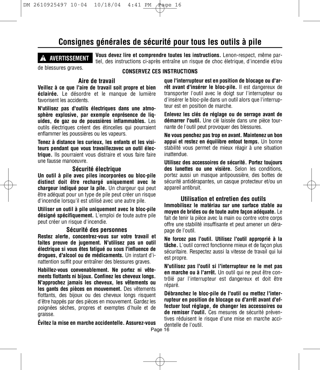 Dremel 764 owner manual Consignes générales de sécurité pour tous les outils à pile, Aire de travail, Sécurité électrique 