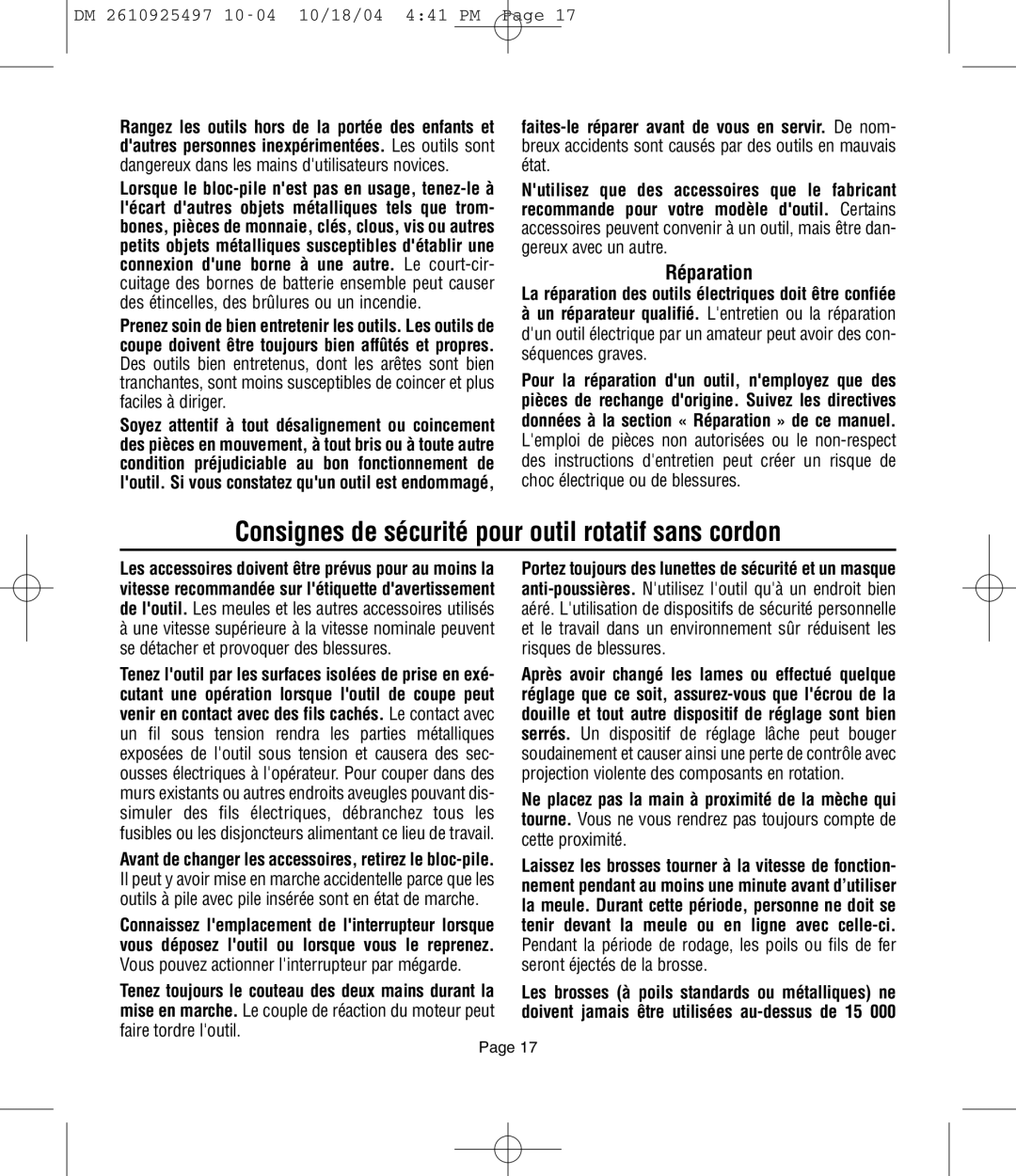 Dremel 764 owner manual Consignes de sécurité pour outil rotatif sans cordon, Réparation 