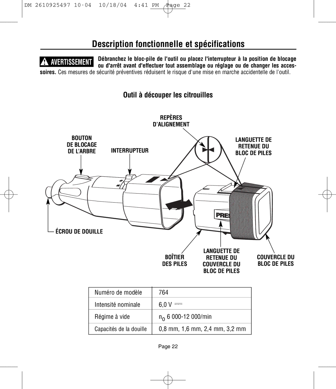 Dremel 764 Description fonctionnelle et spécifications, Outil à découper les citrouilles, Écrou DE Douille Boîtier 