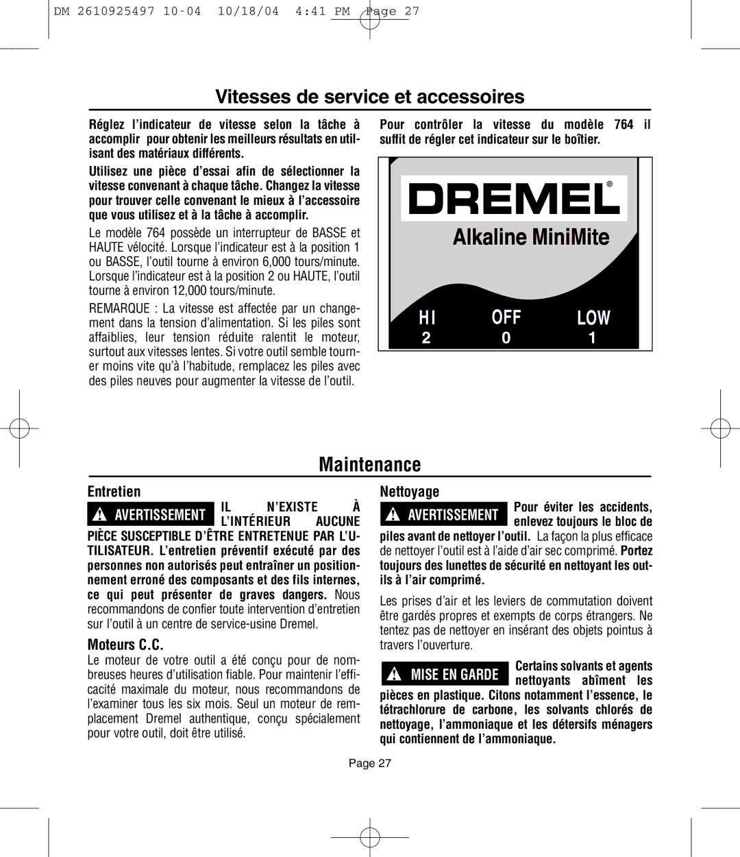 Dremel 764 owner manual Vitesses de service et accessoires, Maintenance, Entretien, Moteurs C.C, Nettoyage 