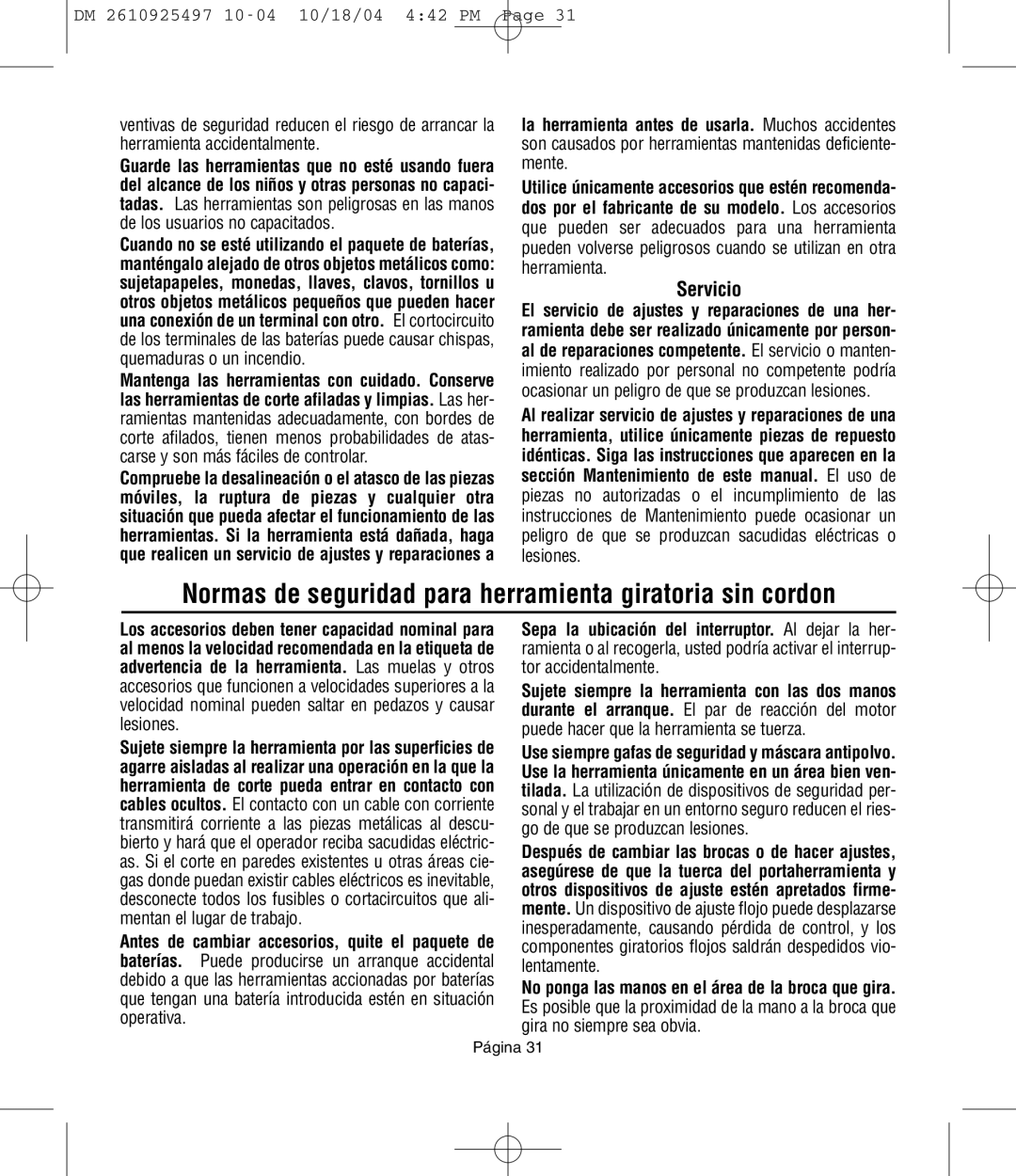 Dremel 764 owner manual Normas de seguridad para herramienta giratoria sin cordon, Servicio 