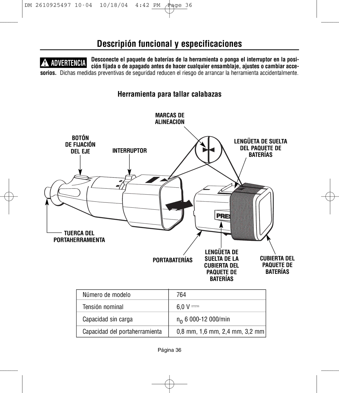 Dremel 764 Descripión funcional y especificaciones, Herramienta para tallar calabazas, Marcas DE Alineacion, Interruptor 