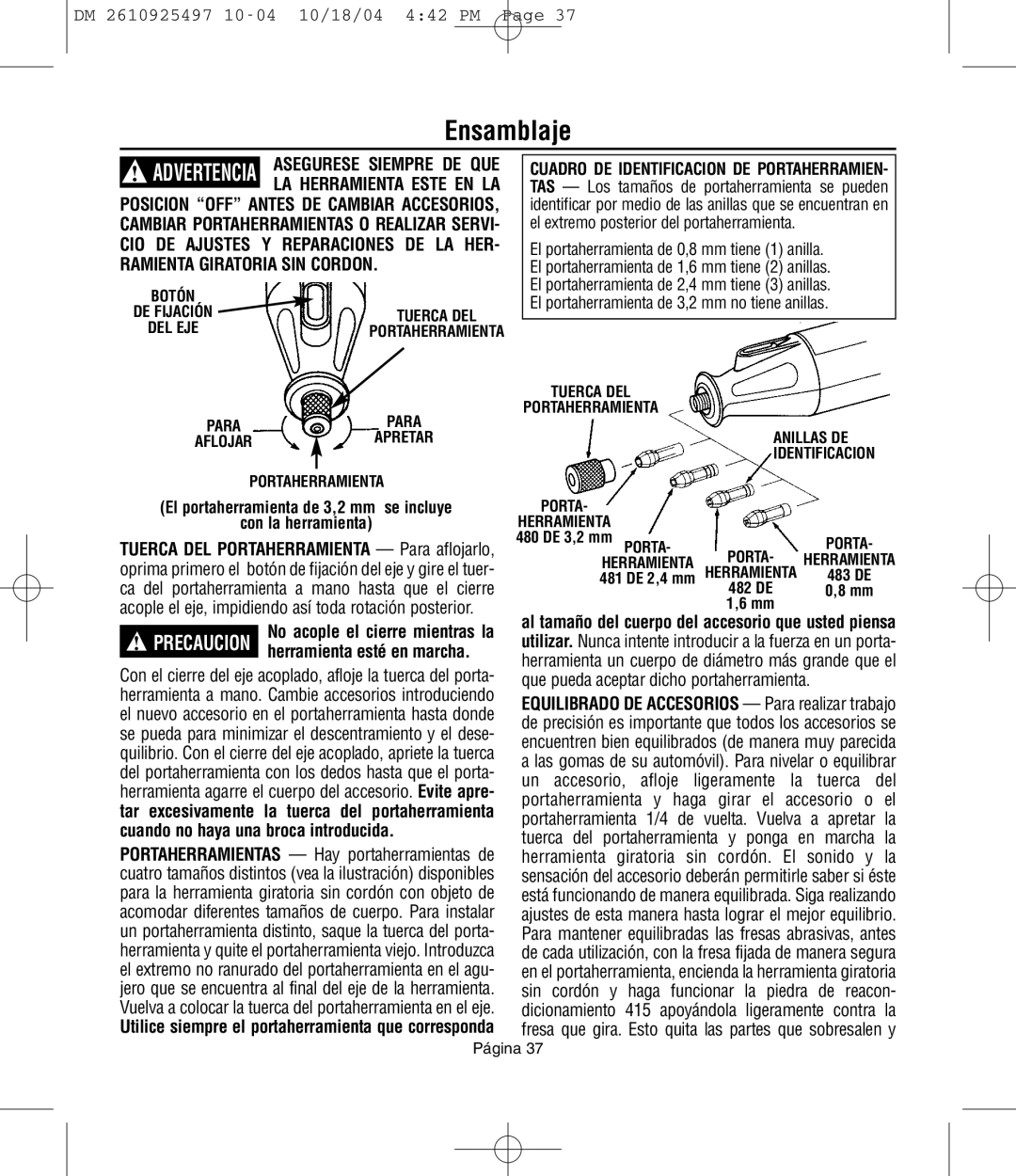 Dremel 764 owner manual Ensamblaje, El portaherramienta de 3,2 mm se incluye Con la herramienta 