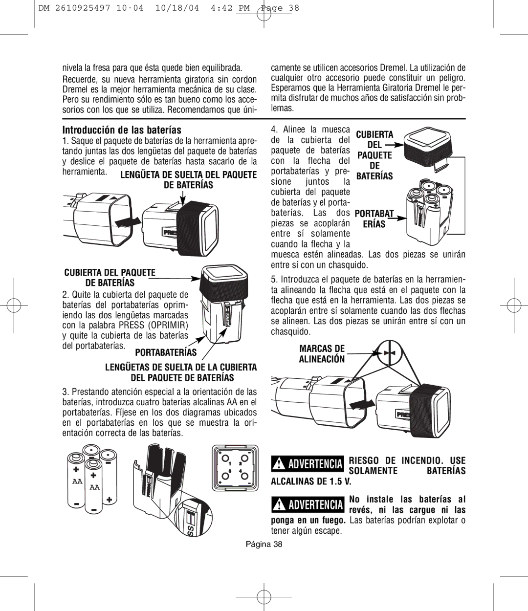 Dremel 764 owner manual Introducción de las baterías, Cubierta DEL Paquete DE Baterías, Portabaterías 