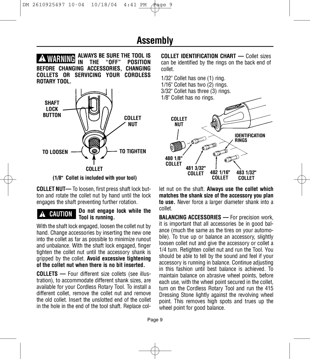 Dremel 764 owner manual Assembly, Collet, Tool is running 