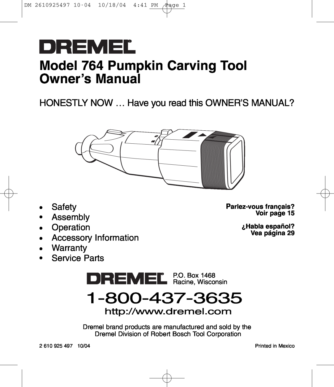 Dremel 764 owner manual Safety Assembly Operation Accessory Information Warranty, Service Parts 