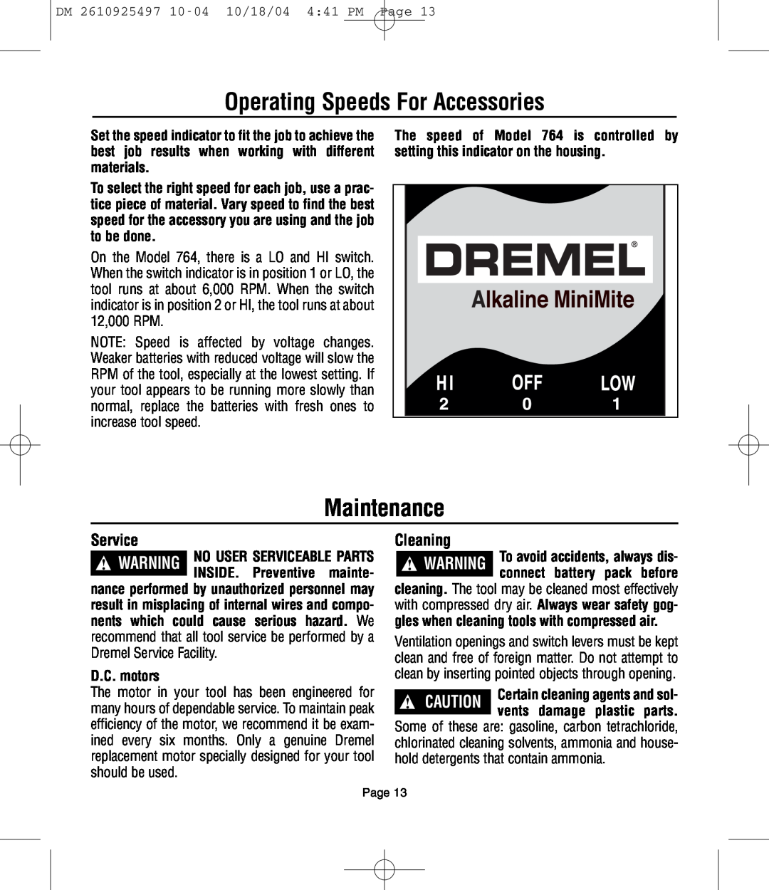 Dremel 764 owner manual Operating Speeds For Accessories, Maintenance, Cleaning, Service 