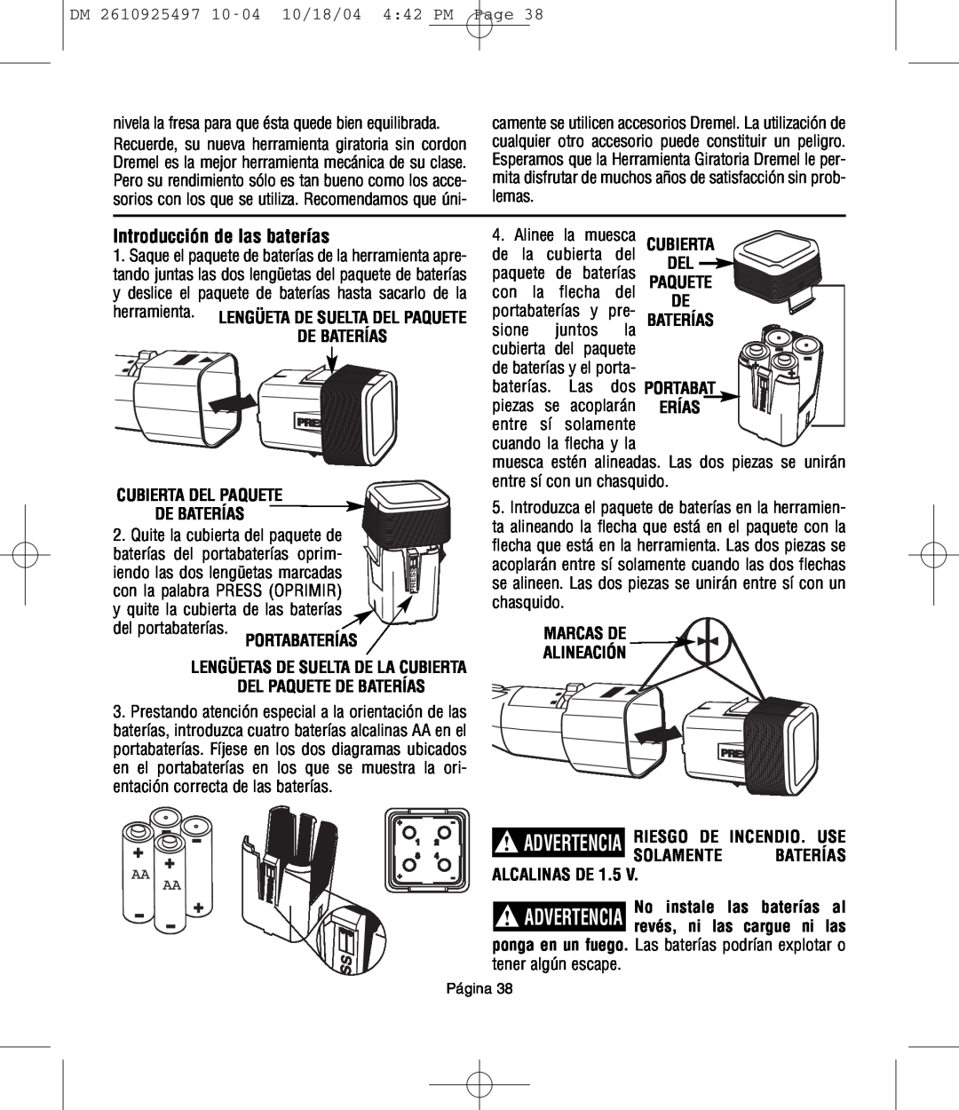 Dremel 764 Introducción de las baterías, Cubierta Del Paquete De Baterías, Portabaterías, Solamente Baterías Alcalinas De 