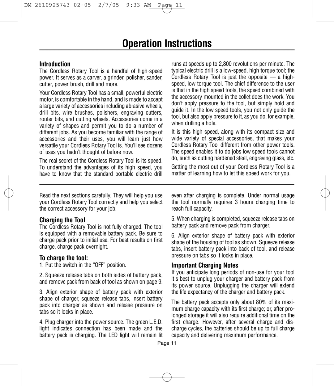 Dremel 750, 770, 754 Operation Instructions, Introduction, Charging the Tool, To charge the tool, Important Charging Notes 