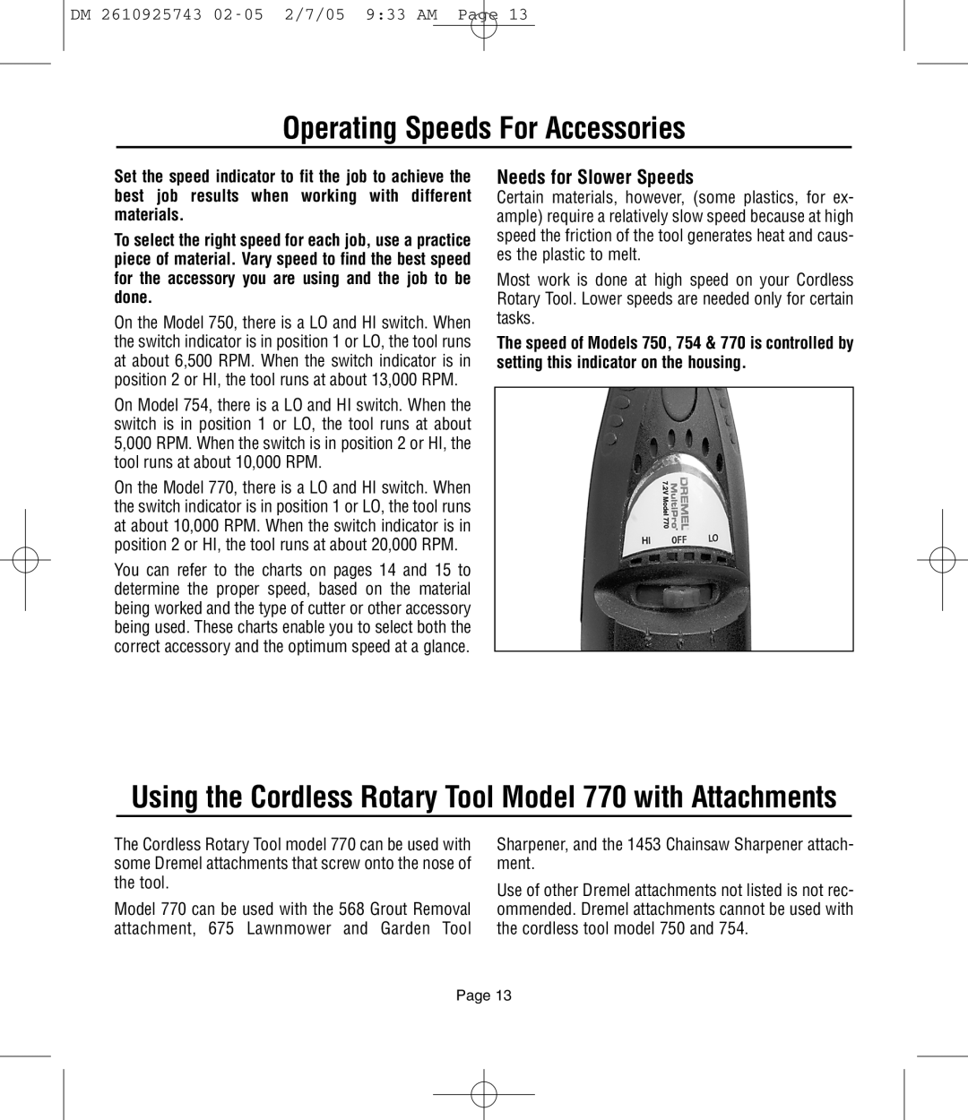 Dremel 754, 770, 750 owner manual Operating Speeds For Accessories, Needs for Slower Speeds 