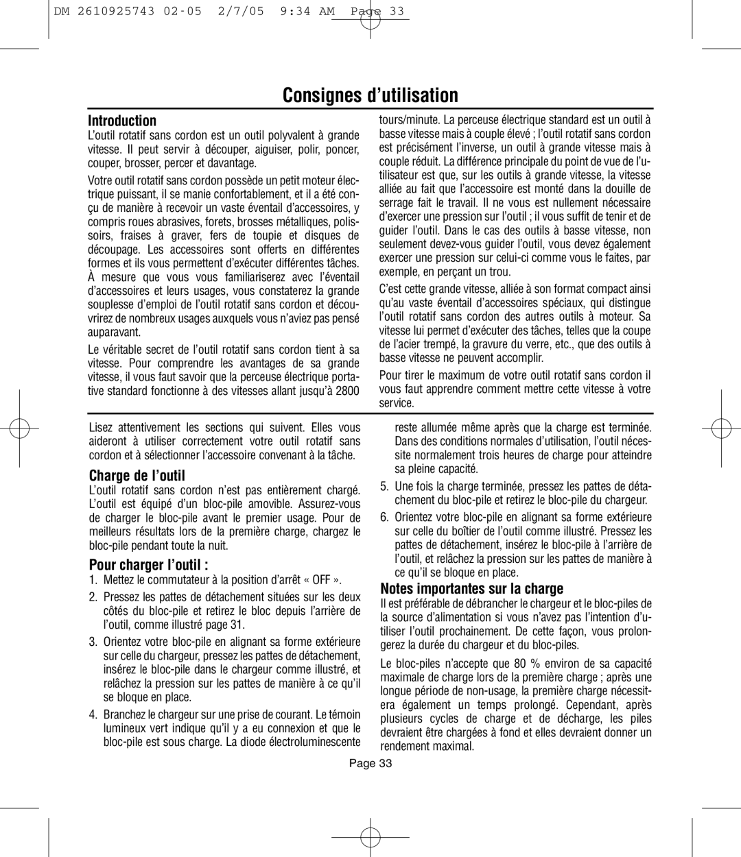 Dremel 770, 754, 750 owner manual Consignes d’utilisation, Charge de l’outil, Pour charger l’outil 