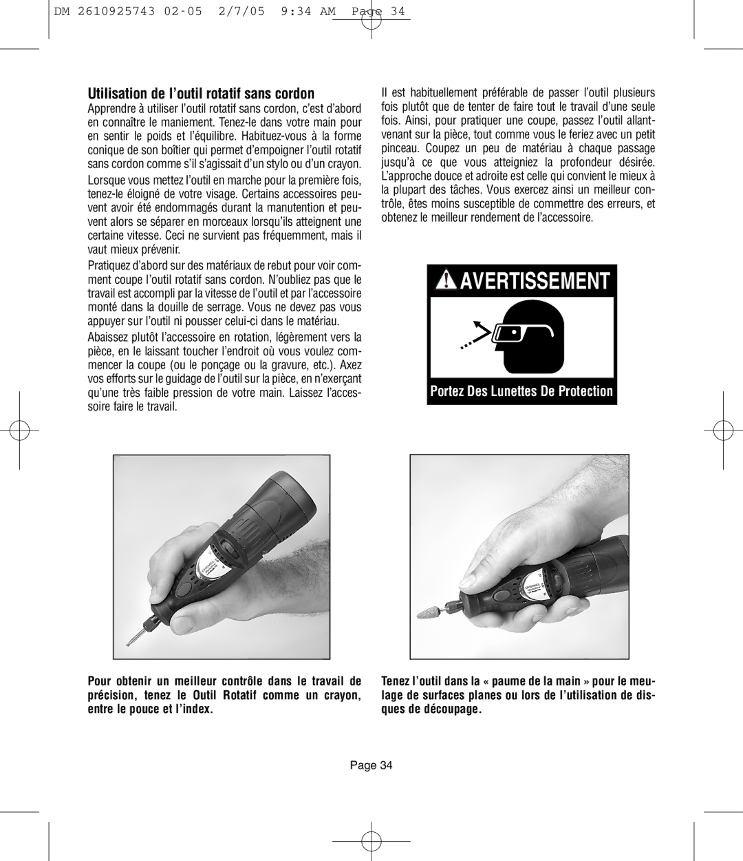 Dremel 754, 770, 750 owner manual Avertissement, Utilisation de l’outil rotatif sans cordon 