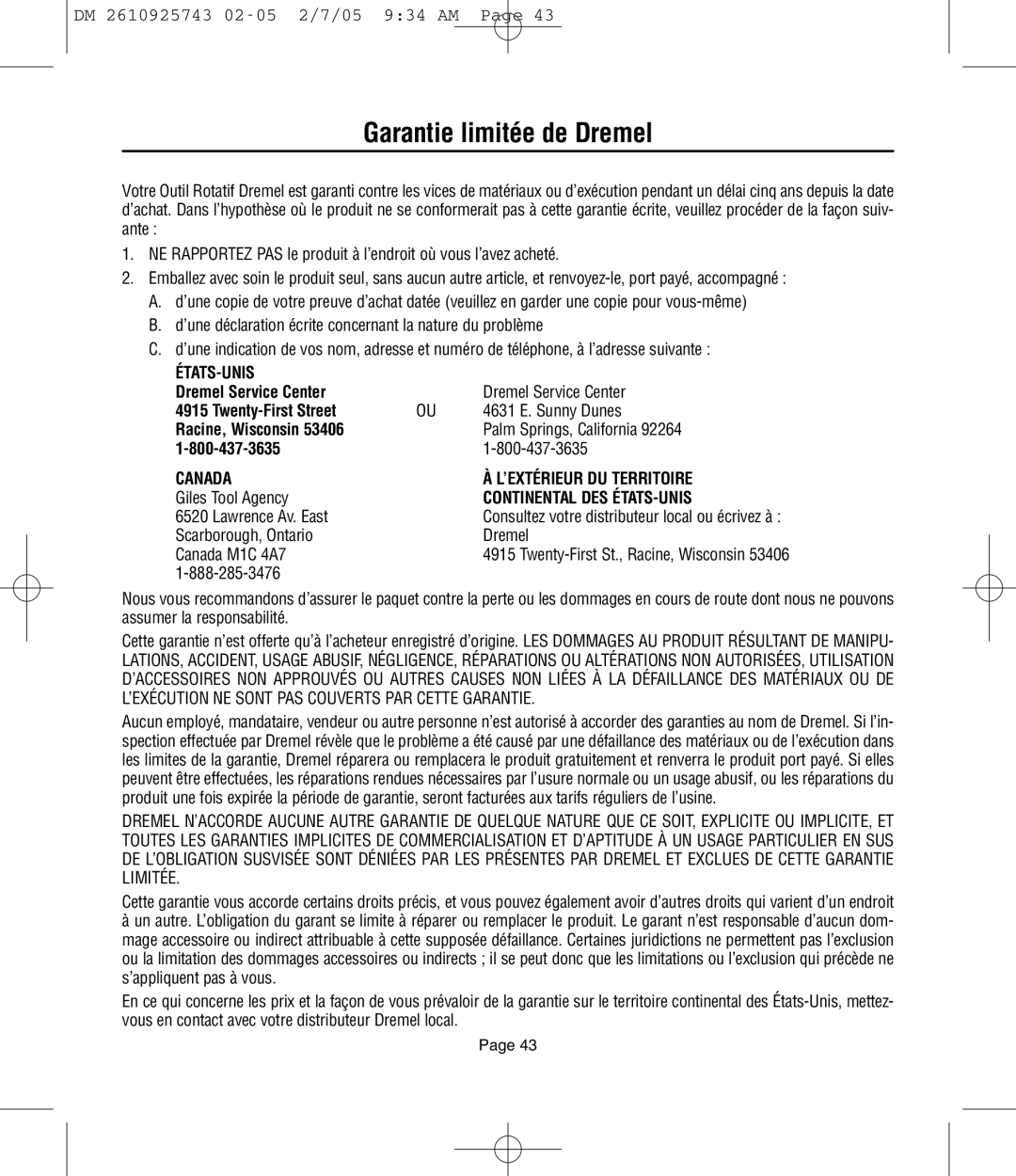 Dremel 754, 770, 750 owner manual Garantie limitée de Dremel, Dremel Service Center, Twenty-First Street, Racine, Wisconsin 