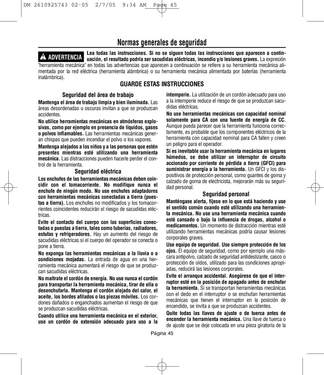 Dremel 770, 754, 750 Normas generales de seguridad, Seguridad del área de trabajo, Seguridad eléctrica, Seguridad personal 