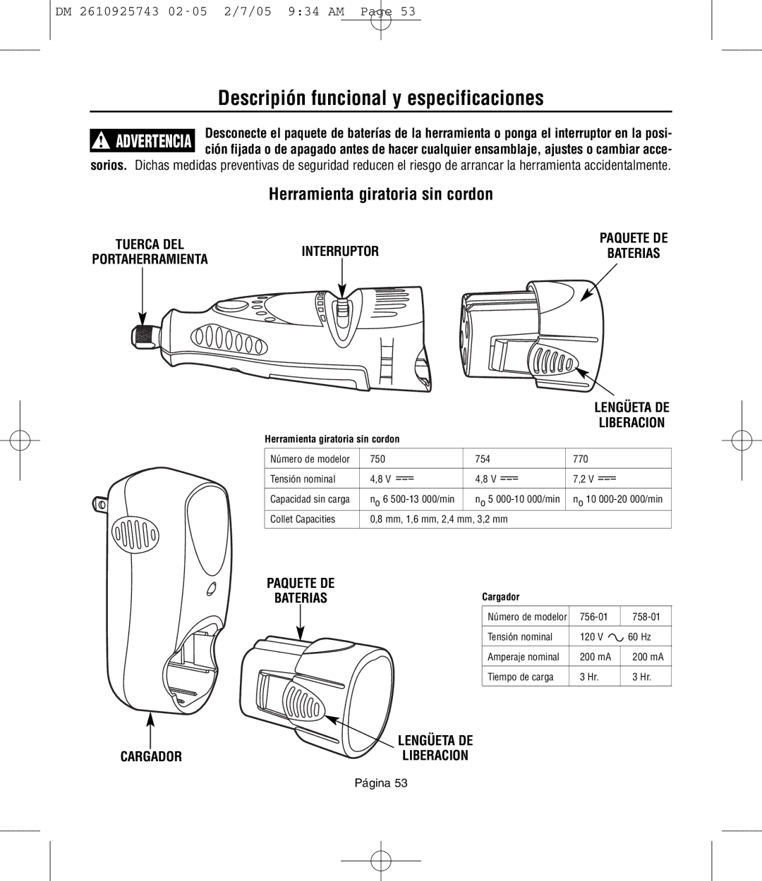 Dremel 750, 770, 754 owner manual Descripión funcional y especificaciones, Paquete DE Baterias, Cargador 