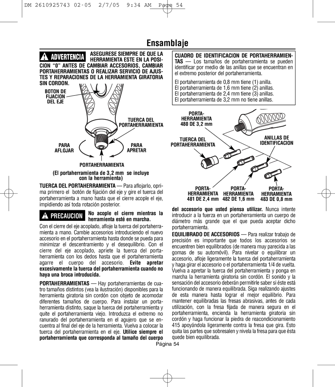 Dremel 770, 754, 750 owner manual Ensamblaje, El portaherramienta de 3,2 mm se incluye Con la herramienta 