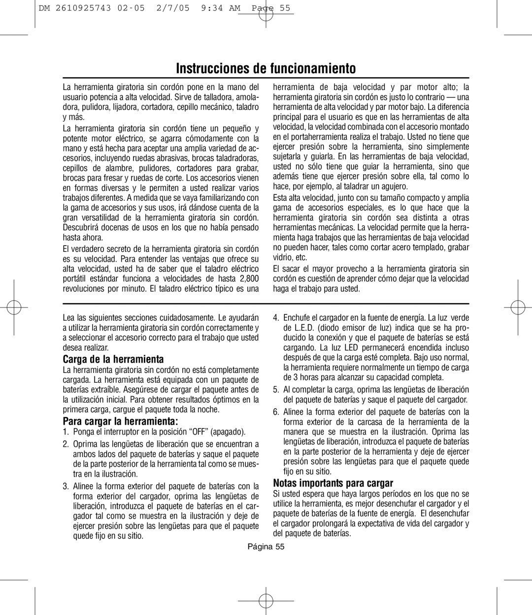 Dremel 754, 770, 750 owner manual Instrucciones de funcionamiento, Carga de la herramienta, Para cargar la herramienta 