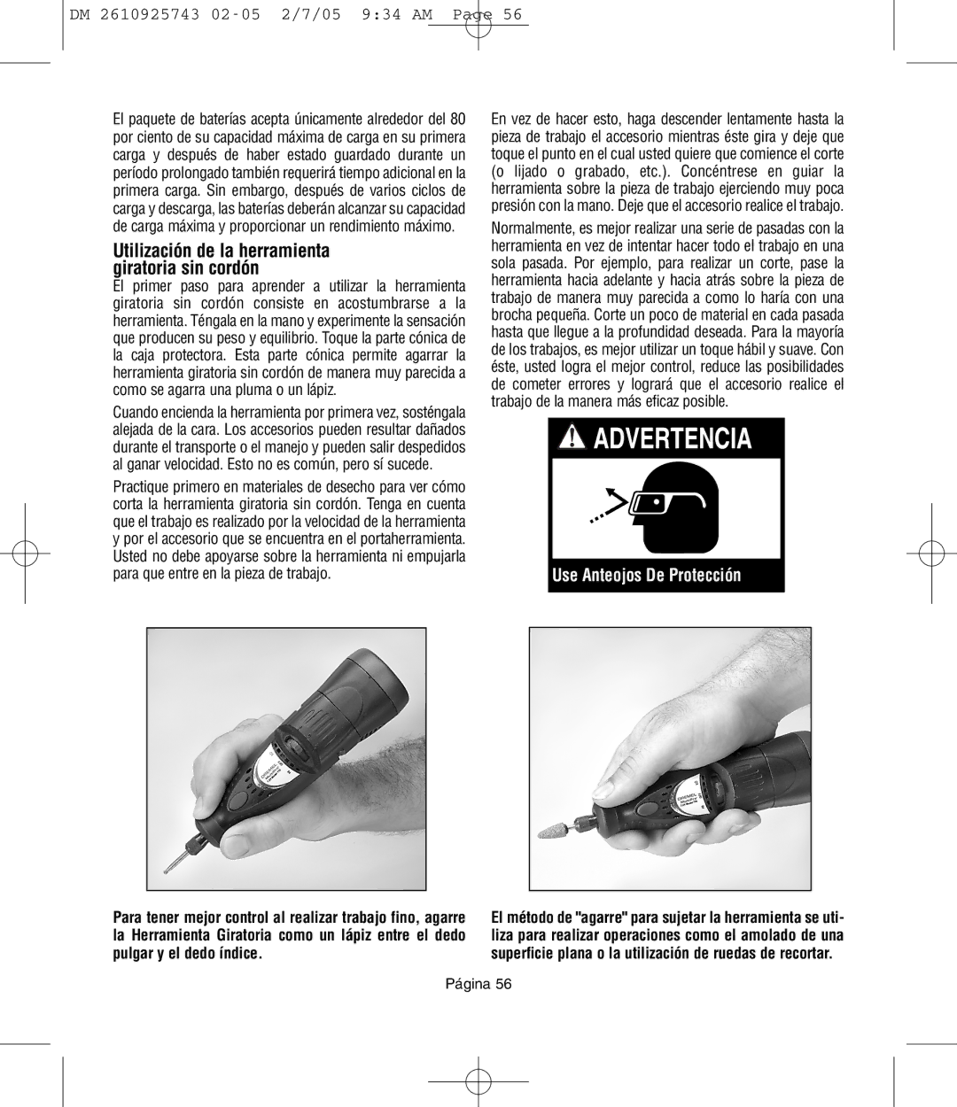 Dremel 750, 770, 754 owner manual Advertencia, Utilización de la herramienta giratoria sin cordón 