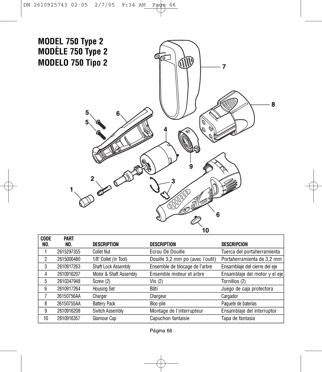 Dremel 770, 754 owner manual Model 750 Type Modèle 750 Type Modelo 750 Tipo, Description Descripcion 