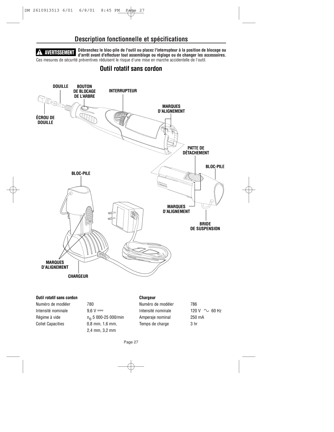 Dremel 780 owner manual Description fonctionnelle et spécifications, Outil rotatif sans cordon, Chargeur 