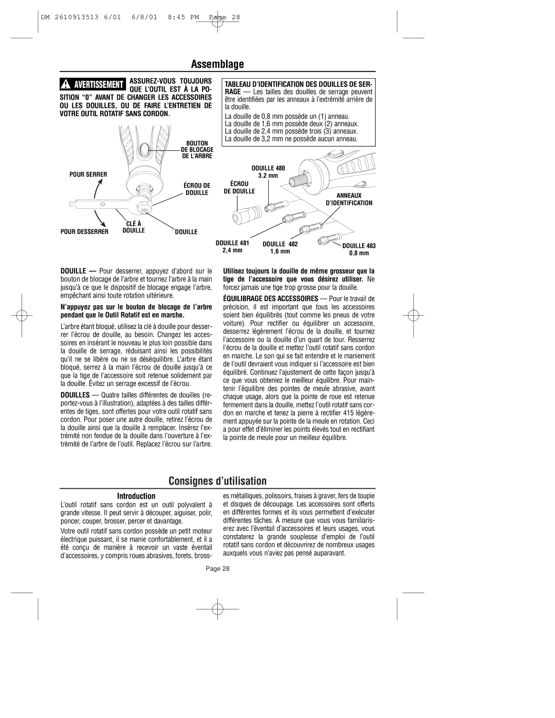 Dremel 780 owner manual Assemblage, Consignes d’utilisation 