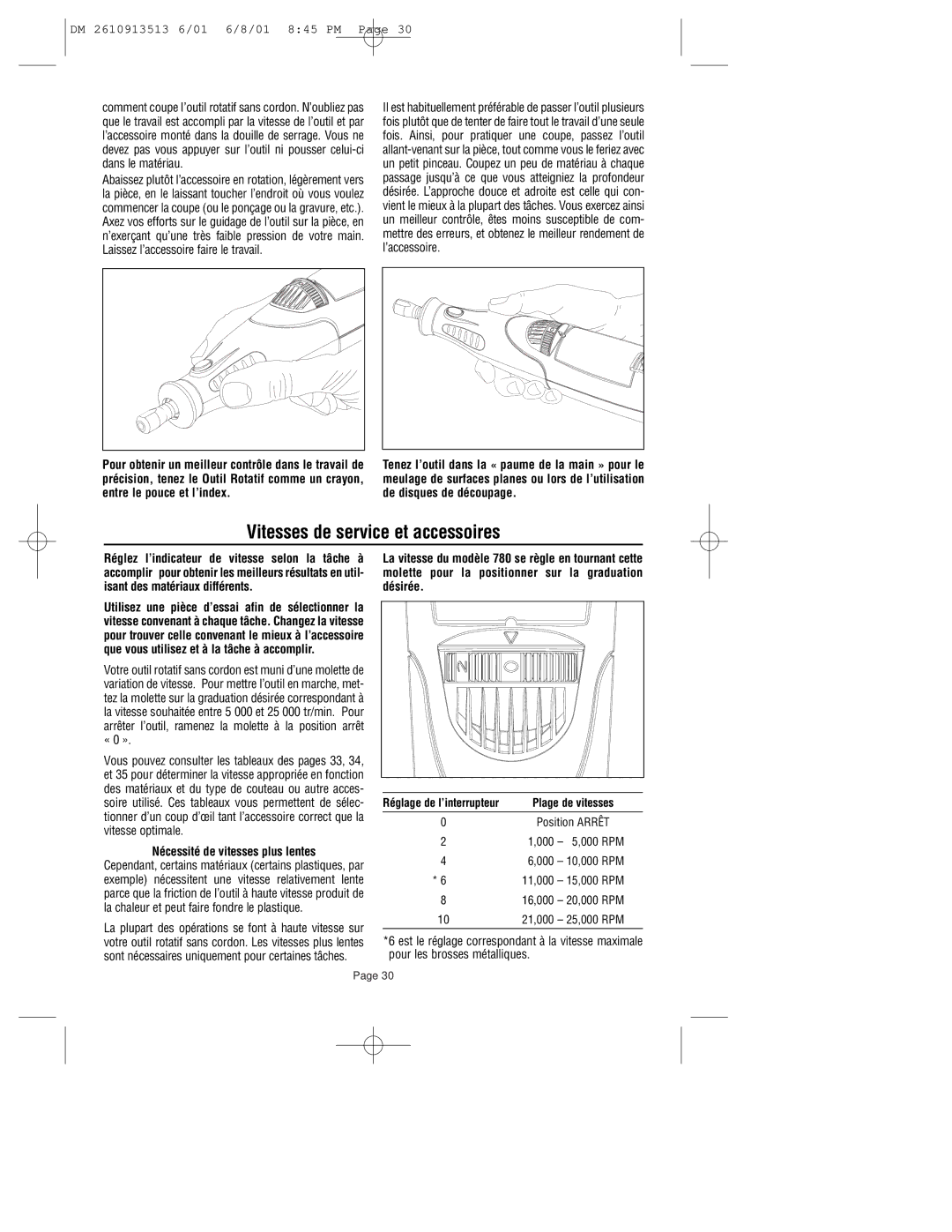 Dremel 780 owner manual Vitesses de service et accessoires, Nécessité de vitesses plus lentes 