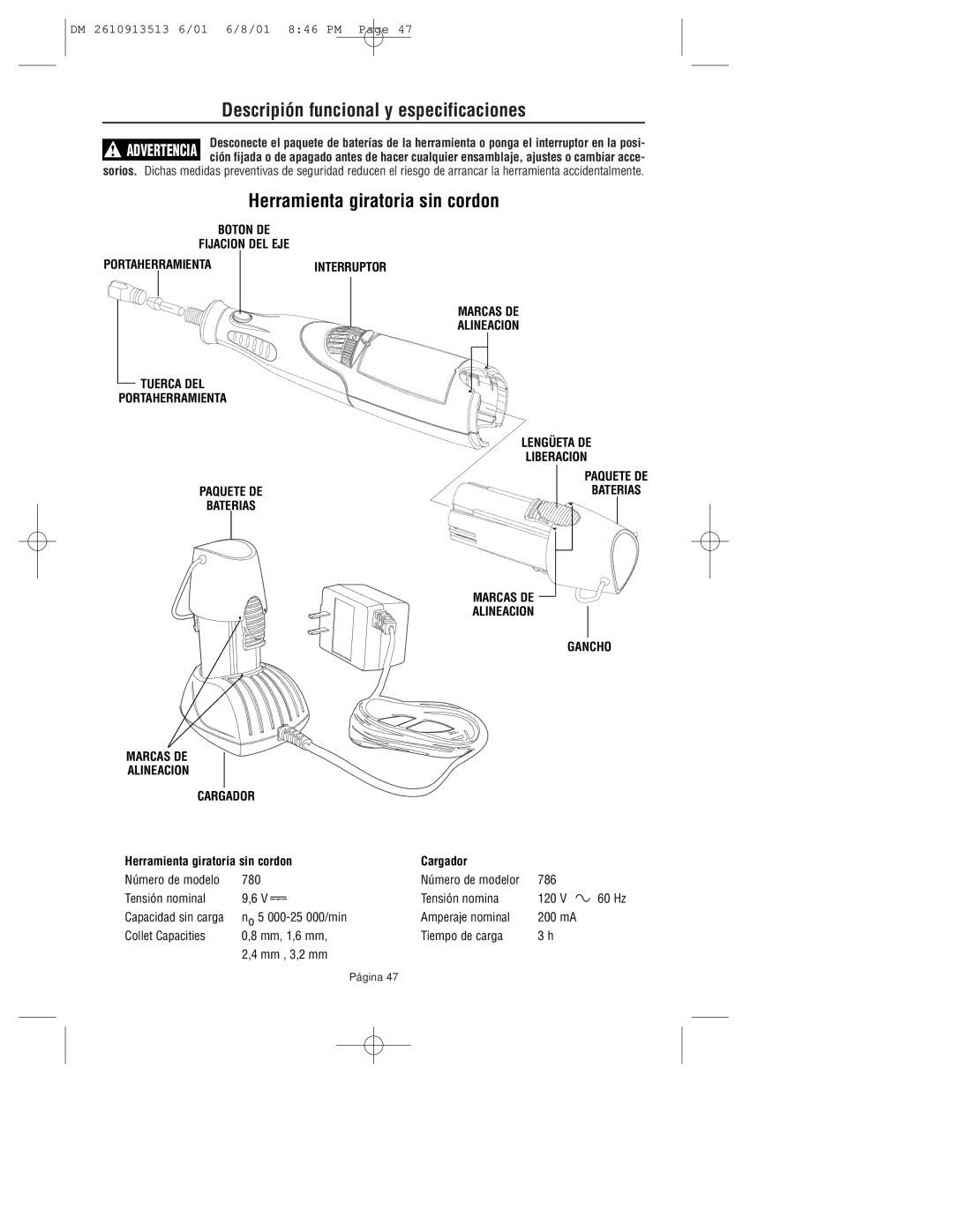 Dremel 780 owner manual Descripión funcional y especificaciones, Herramienta giratoria sin cordon 