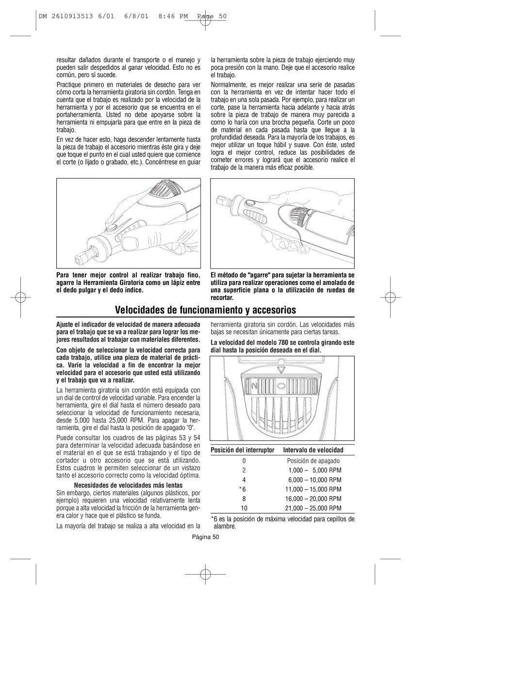 Dremel 780 Velocidades de funcionamiento y accesorios, Es la posición de máxima velocidad para cepillos de alambre 