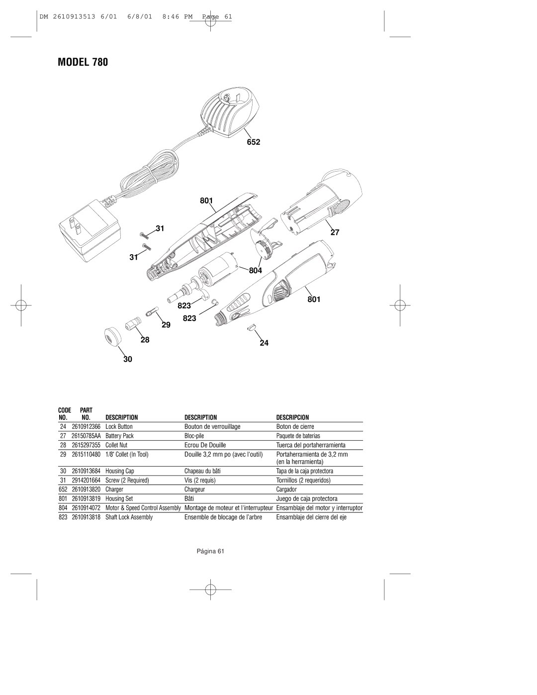 Dremel 780 owner manual Model, 652 801 804 823 