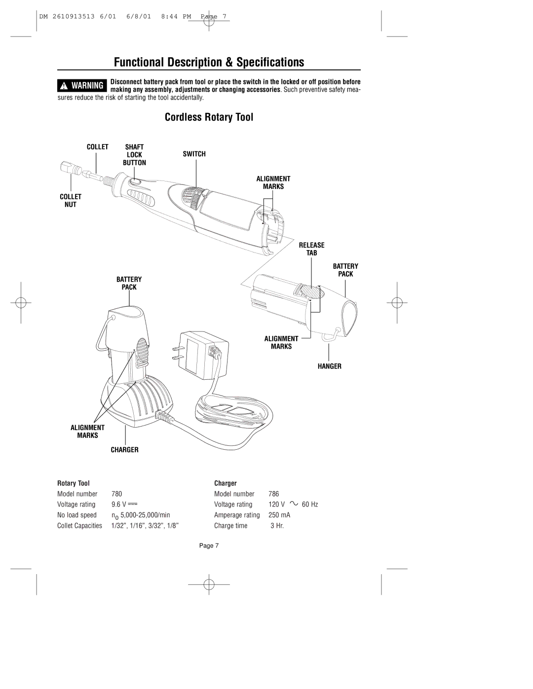 Dremel 780 owner manual Functional Description & Specifications, Cordless Rotary Tool, Rotary Tool Charger 