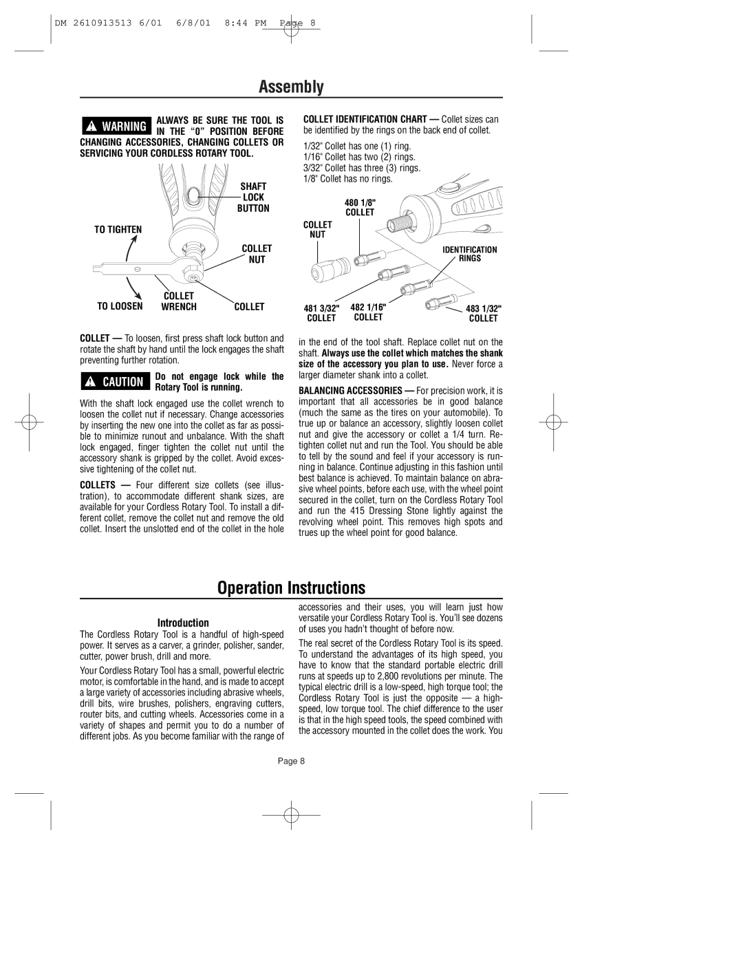 Dremel 780 owner manual Assembly, Operation Instructions, Introduction, Nut, Rotary Tool is running 