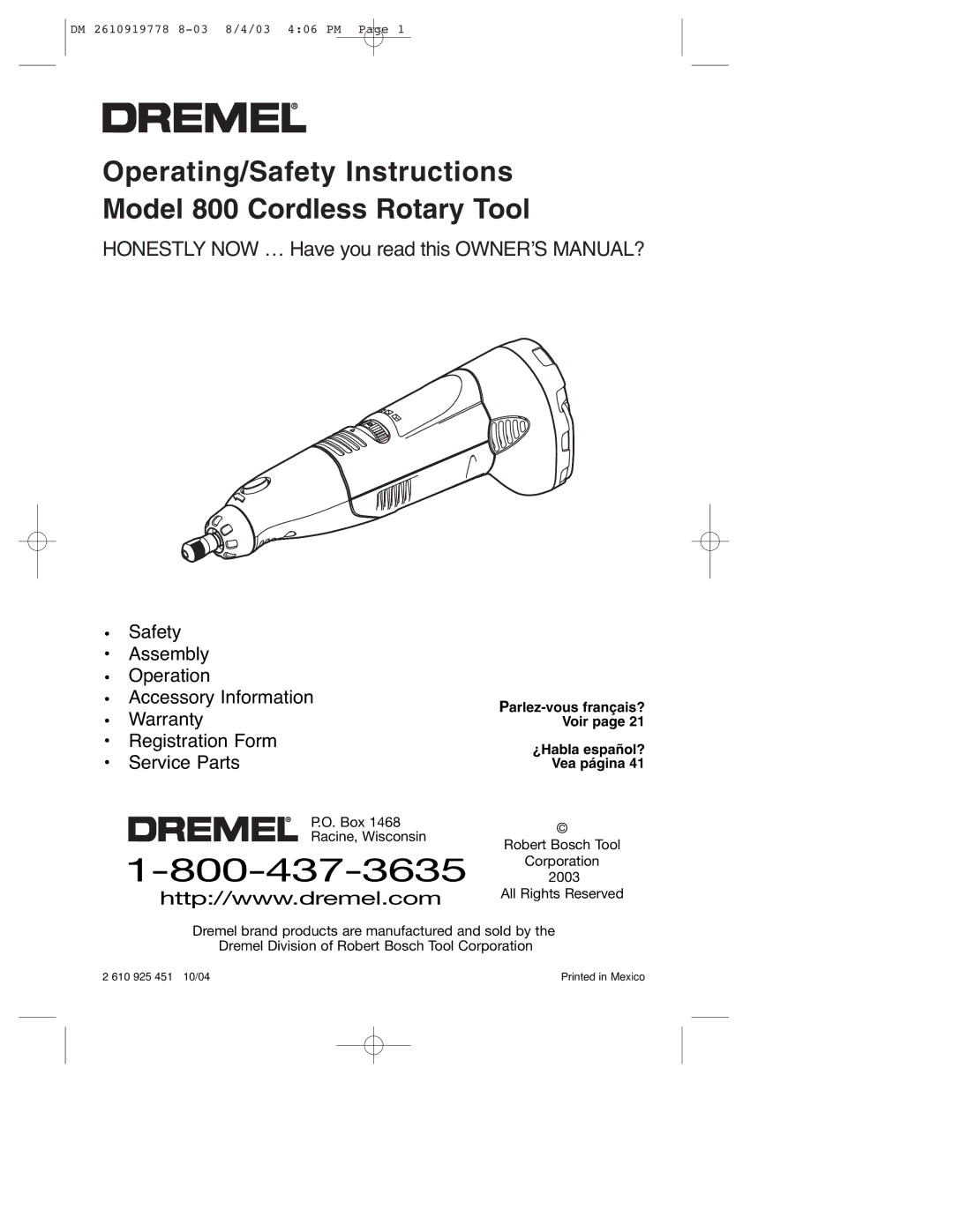 Dremel 800 owner manual Parlez-vous français?, Voir, ¿Habla español?, Vea página 