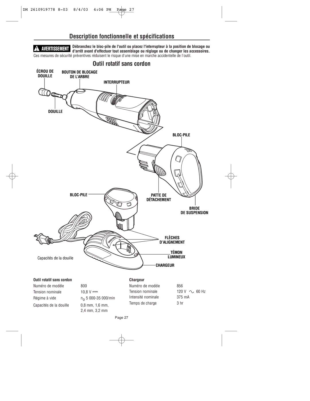 Dremel Description fonctionnelle et spécifications, Chargeur, Numéro de modèle 800 856 Tension nominale 10,8 120 