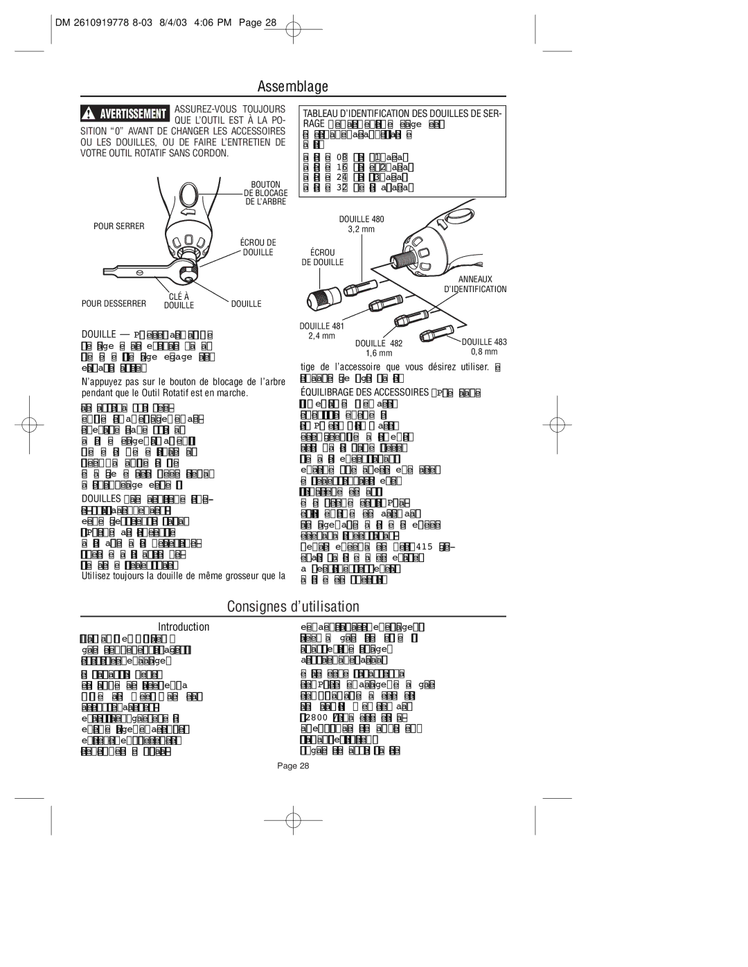 Dremel 800 owner manual Assemblage, Utilisez toujours la douille de même grosseur que la 