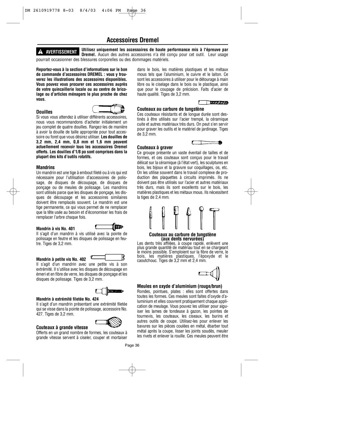 Dremel 800 owner manual Accessoires Dremel 