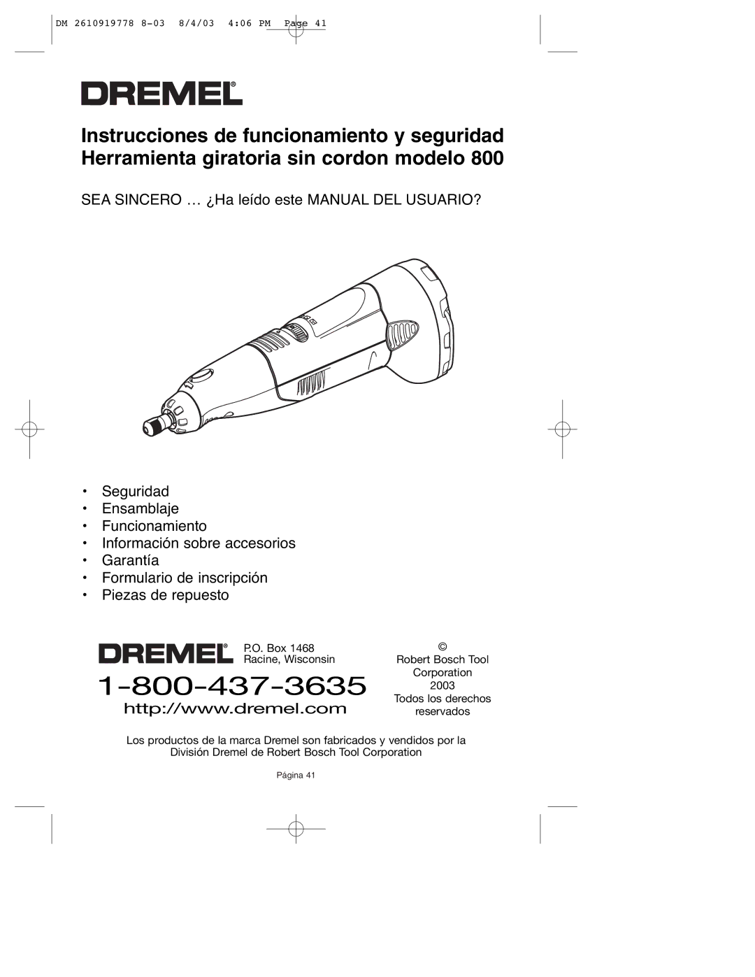 Dremel 800 owner manual Corporation, Todos los derechos 