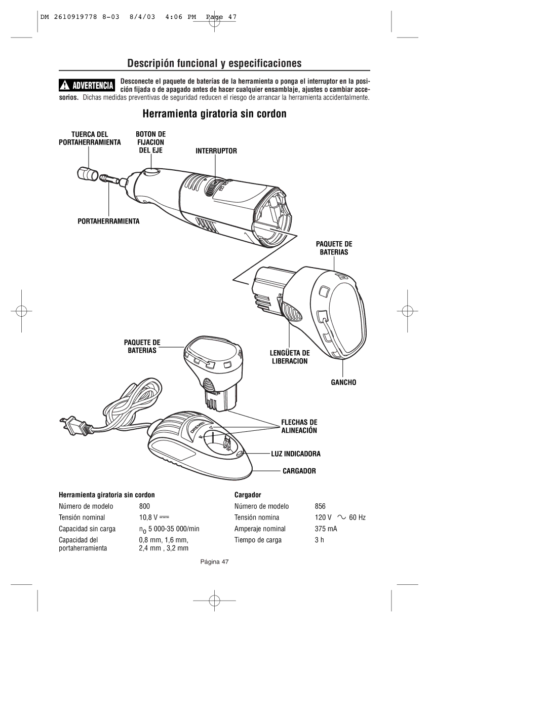 Dremel 800 owner manual Descripión funcional y especificaciones, Herramienta giratoria sin cordon 