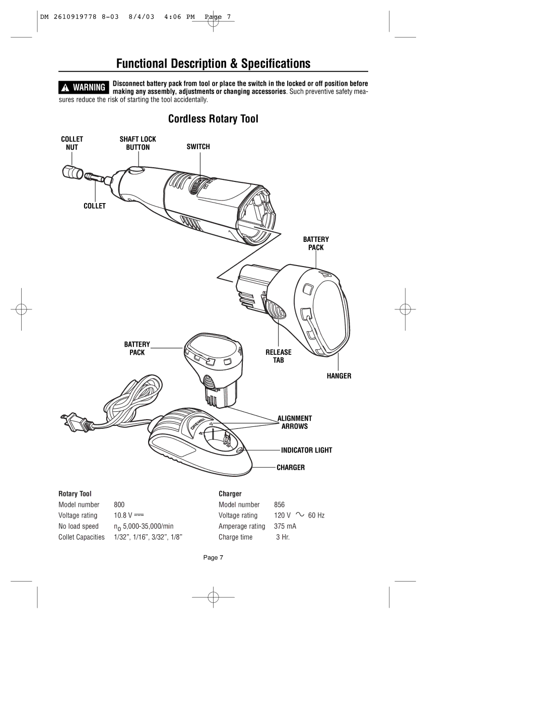 Dremel 800 owner manual Functional Description & Specifications, Cordless Rotary Tool, Rotary Tool Charger 