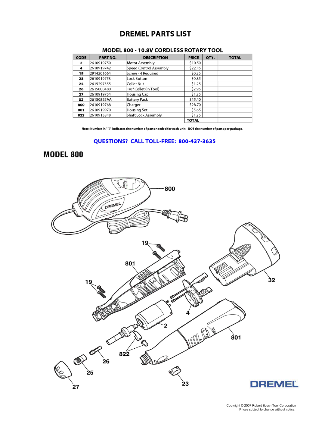 Dremel 800 manual Dremel Parts List 