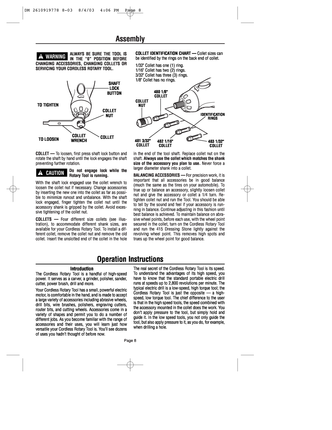 Dremel 800 owner manual Assembly, Operation Instructions, Introduction, DM 2610919778 8-038/4/03 4 06 PM Page 
