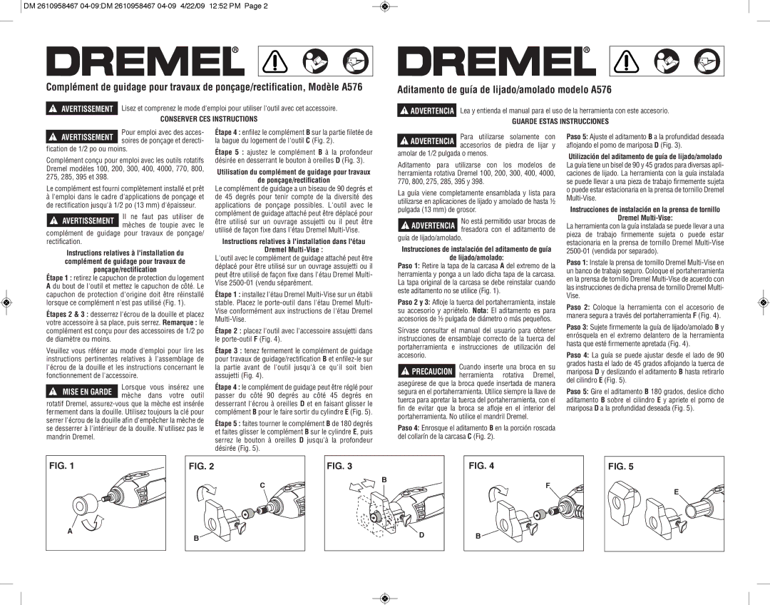 Dremel A576 installation instructions De ponçage/rectification, Dremel Multi-Vise, De lijado/amolado 