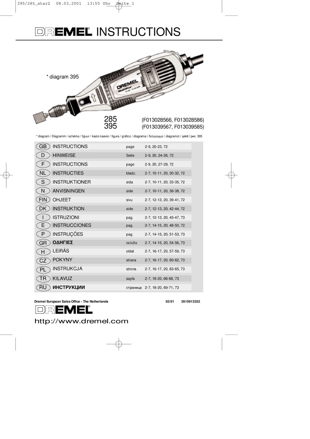 Dremel F013039585, F013028586, F013039567, F013028566 manual Instructions, 02/01 