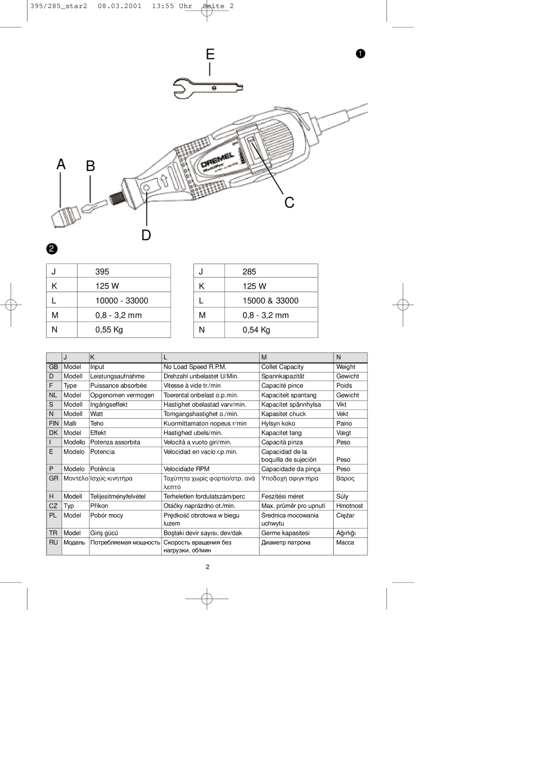 Dremel F013039567, F013028586, F013039585, F013028566 manual 395 125 W 10000 8 3,2 mm 55 Kg 285 15000 54 Kg 